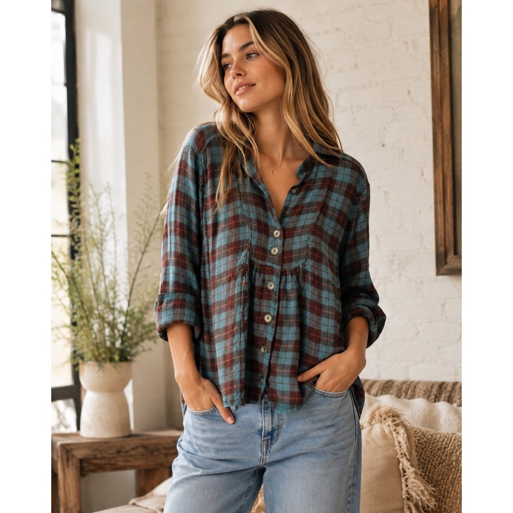 Free People Plaid Flannel Tunic Top XS Blue Burgundy Babydoll Button Front Boho